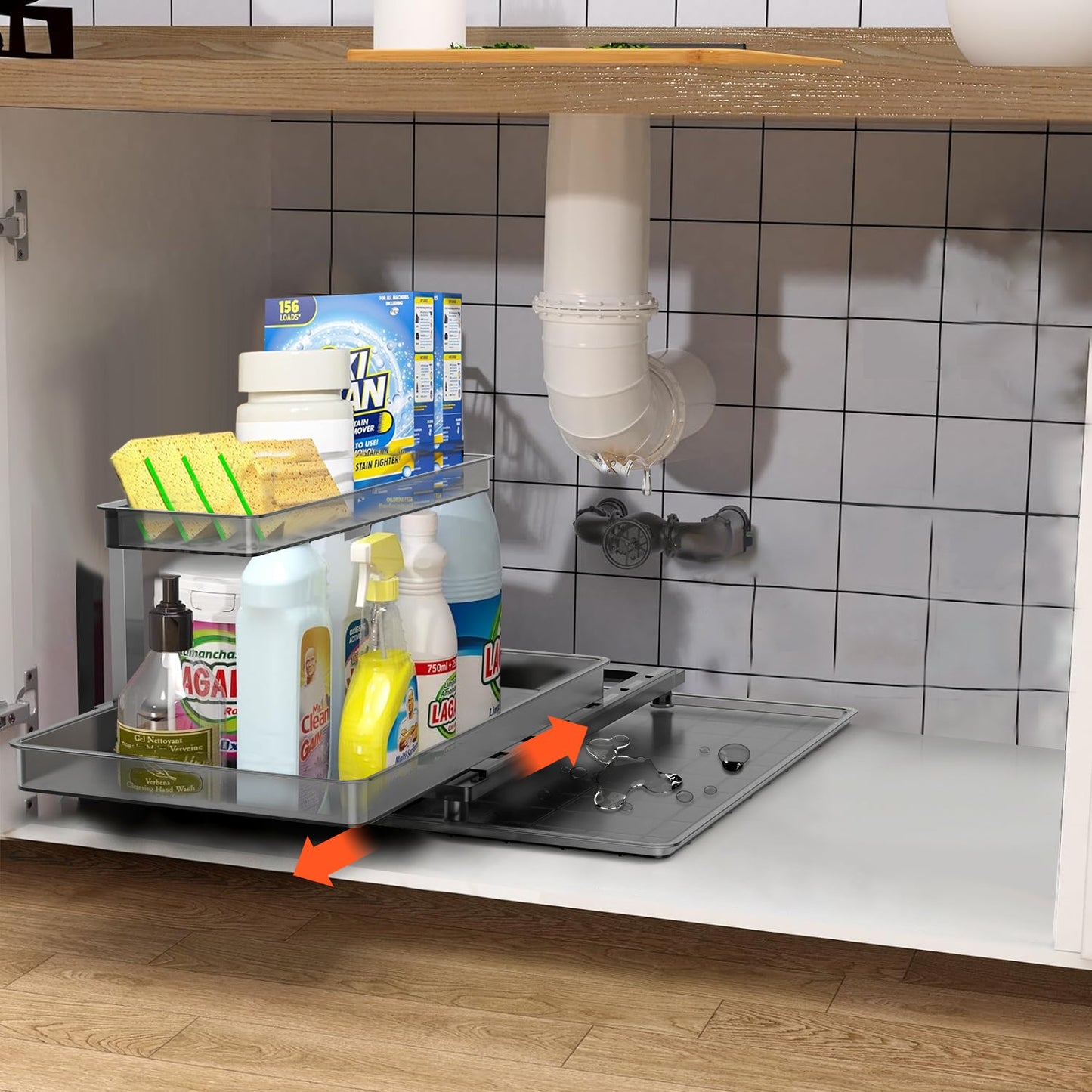1Pc 2Tier Pull Out Under Sink Organizer Cabinet Organizer With Sliding Drawer Tray
