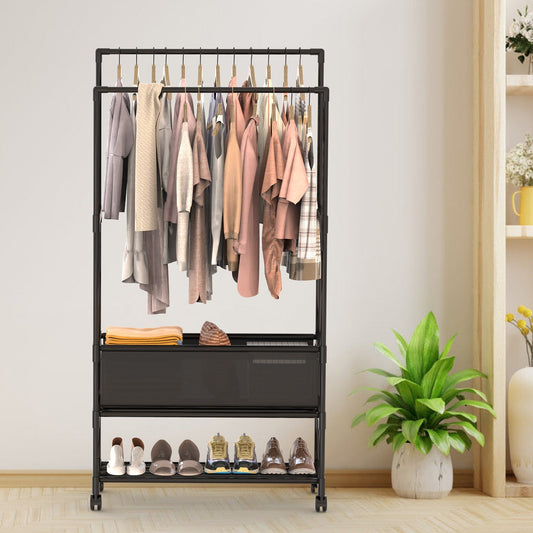 1Pc Double Rods Garment Rack With Storage Bag Portable Clothing Rack With Shelves